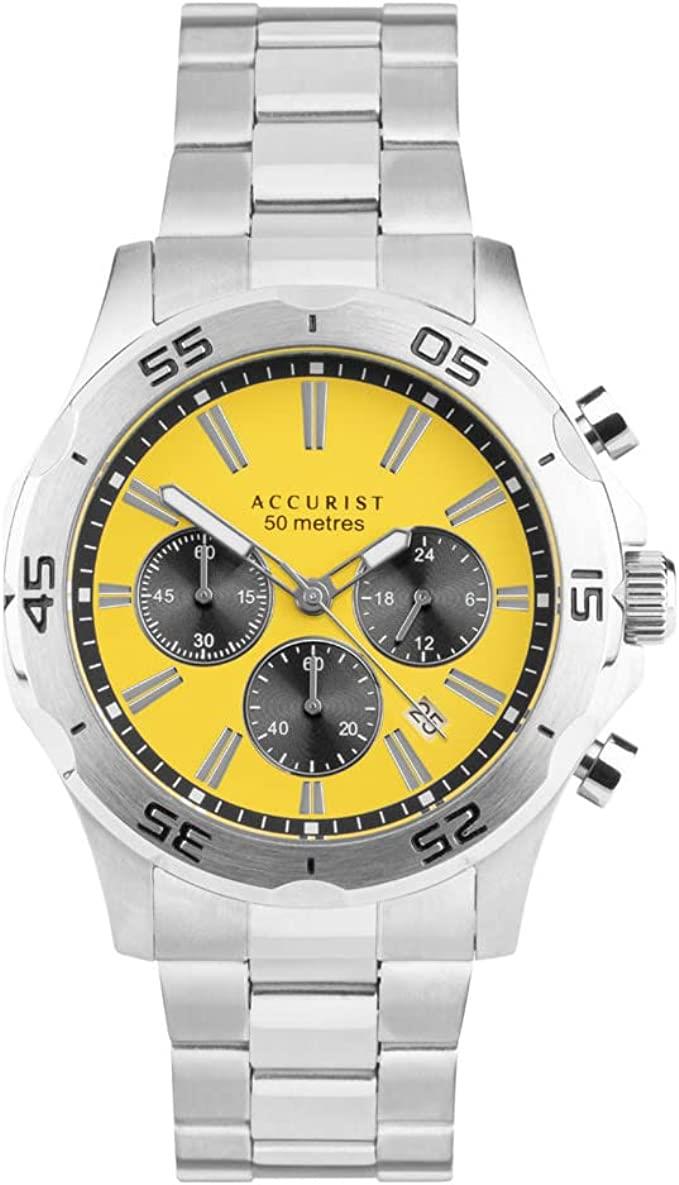 Accurist Men's yellow dial chronograph silver sports braclet watch 7398