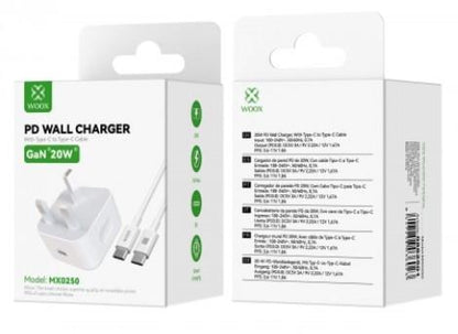 WOOX MX0250 20W PD Home Charger with Type-C to Type-C Fast Cable, 5V 3A, White