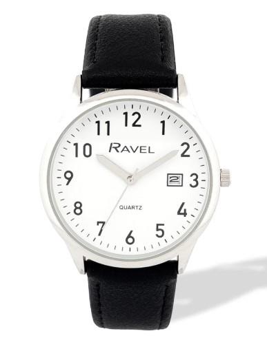 Ravel Mens Basic Silver case Dated Dial With Black Faux Leather Strap Watch Available Multiple Colour