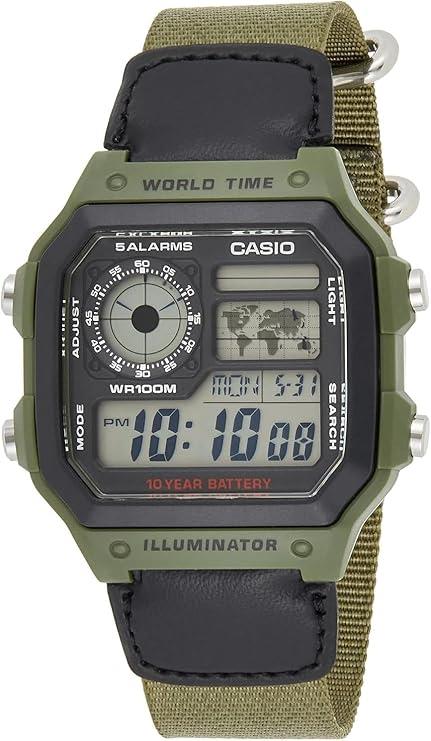 Casio Mens Digital World Time Alarm Green Velcro Strap Watch