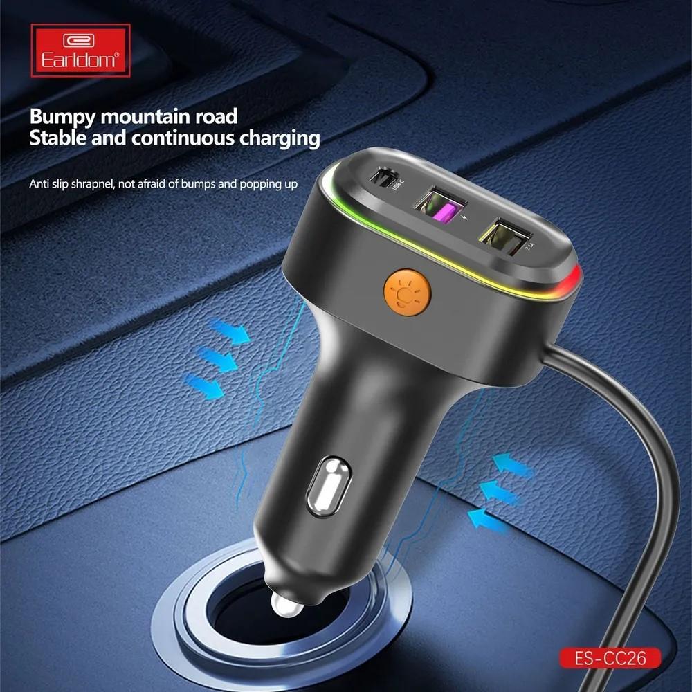 Earldom 6in1 66W car charger with cable extension RGB - Black