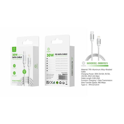 Woox Type C to Lightning Braided Data Cable, 30W - 5V/3A, 9V/3A, 15V/2A, 20V/1.5A Max, 1m/2m, White/Black