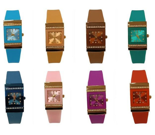 Clasico Ladies Bling Water Resistant Square Dial Rubber Strap Watch Available Multiple colour