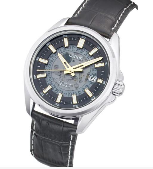 Lorus Mens Automatic Date Black Dial Black Leather strap Watch RU411AX9