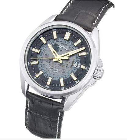 Lorus Mens Automatic Date Black Dial Black Leather strap Watch RU411AX9