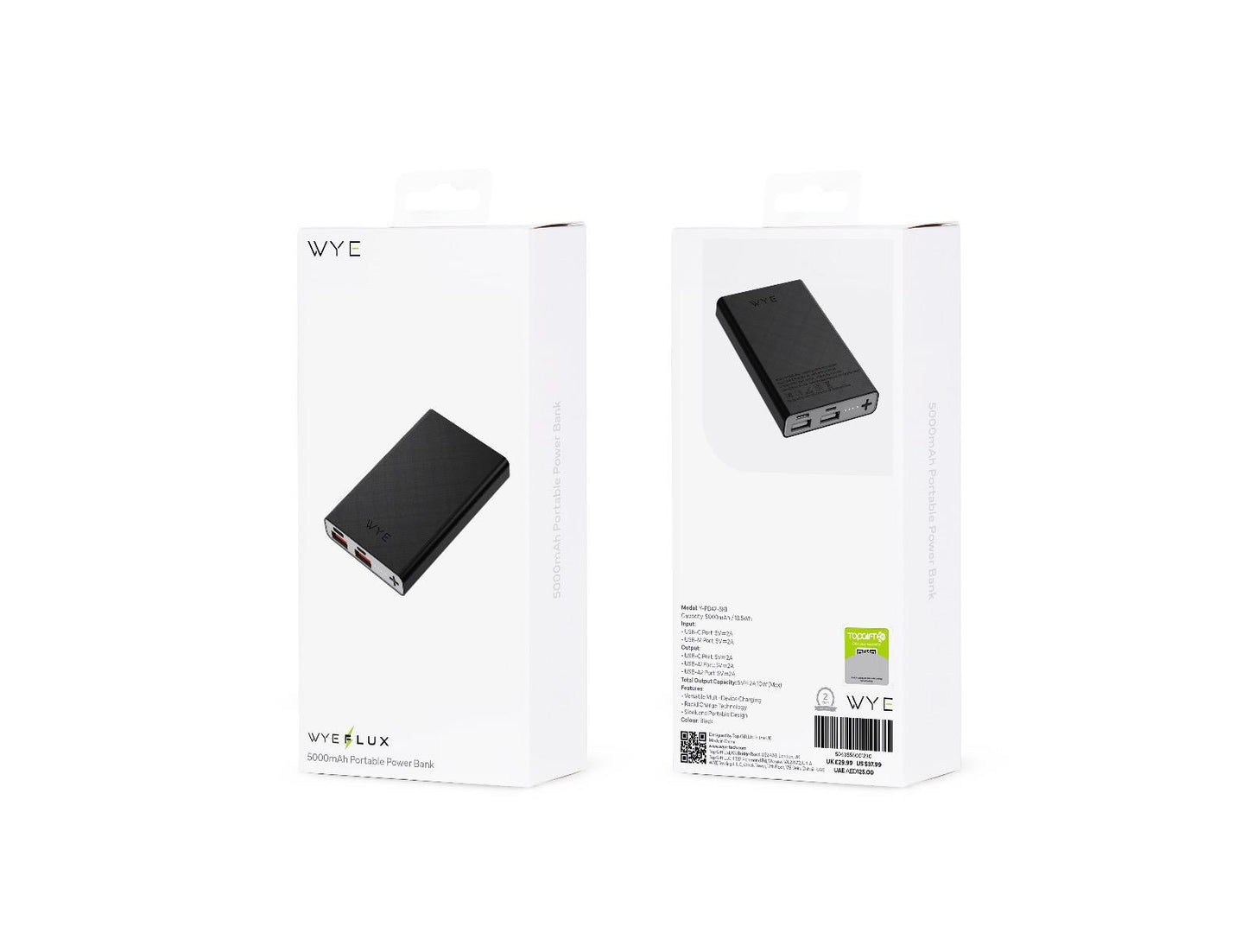 WYEFLUX 5000mAh Portable Power Bank Available BLACK/WHITE