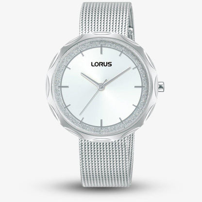 Lorus Ladies Bling Fashion White Dial Stainless Steel Mesh Bracelet Watch