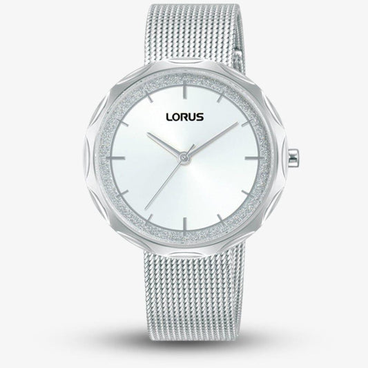 Lorus Ladies Bling Fashion White Dial Stainless Steel Mesh Bracelet Watch