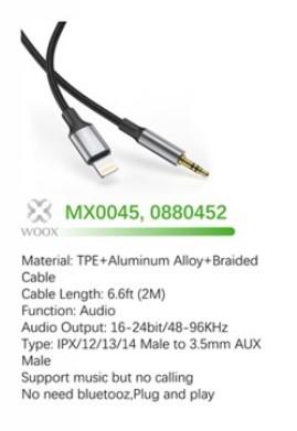 Woox 3.5mm Aux to Lightning Braided Plug & Play Audio Cable, 6.6ft 2m, Black