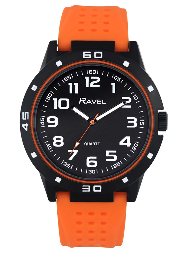 Ravel Men's Black Cased with Colour Co-ordinated Bezel on Silicone Sports Orange Strap Watch
