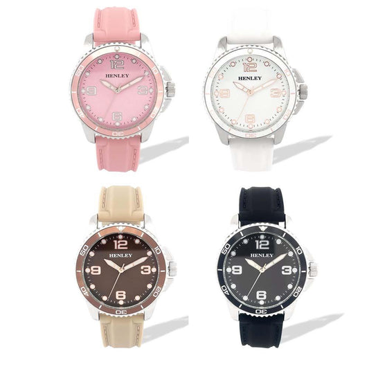 Henley Womens Chiselled Sports Silicone Watch - Pink/White/Black/Taupe