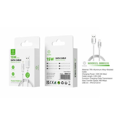 Woox USB to Lightning Braided Data Cable, 15W 3A Max, 1m/2m/3m, White/Black