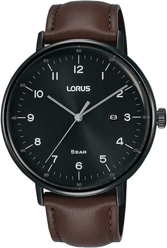 Lorus Mens Black Date Dial Brown Leather Strap Watch RH985MX9