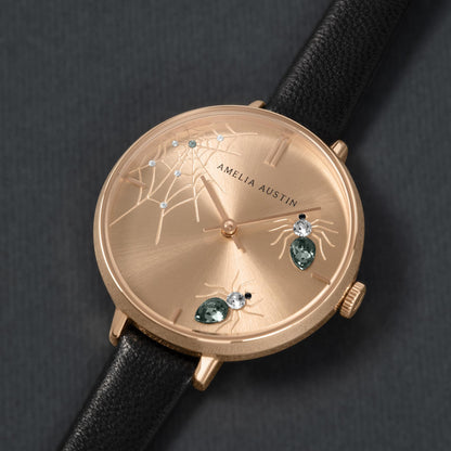 Amelia Austin Ladies Spider Black Leather Strap Grey Stone Set Etched Dial Watch AA2004