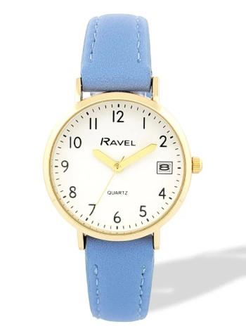 Ravel Ladies Basic Golden case Dated White Dial With Faux Leather Strap Watch Available Multiple Colour