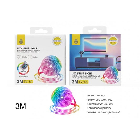 RGB LED Strip Light IP20, 3m, 5V, USB 5V/1A Outdoor Indoor Home Decor