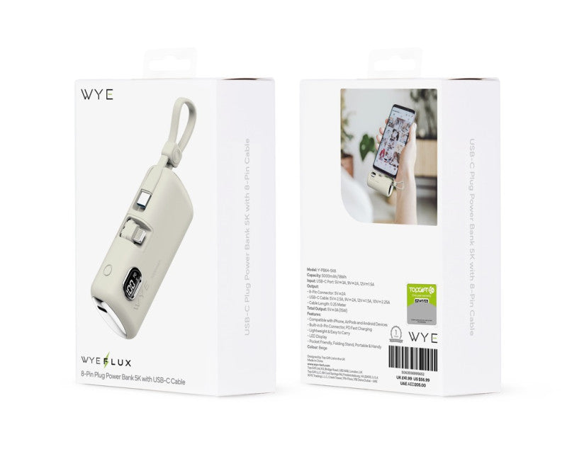 WYE 8 - Pin Plug Power Bank 5K with USB - C Cable