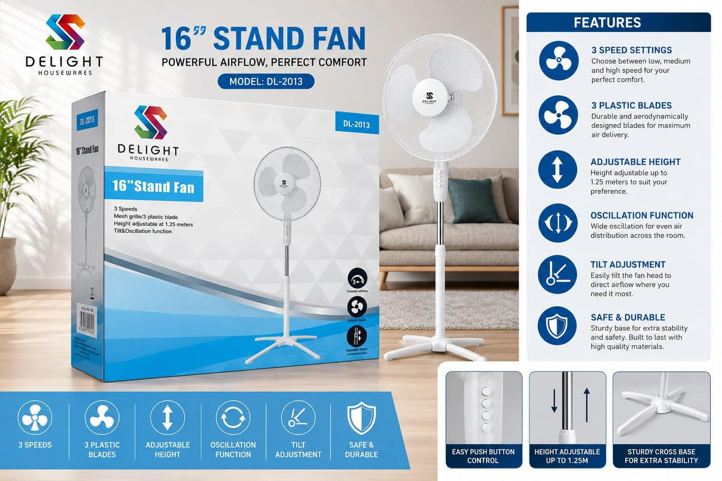 Delight 16" Pedestal Oscilation Fan
