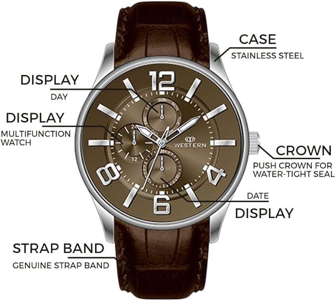 Western Moments Mens Ajax Multifunctional Brown Dial Brown Leather Strap Watch - CLEARANCE NEEDS RE-BATTERY