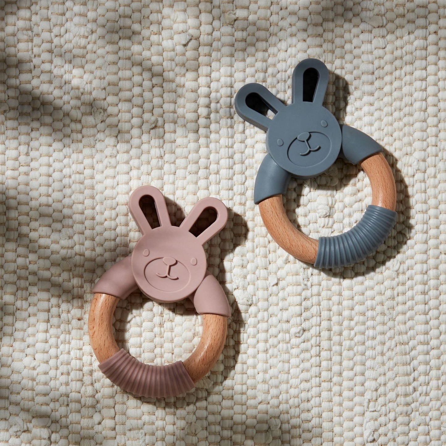 Bambino Wood & Silicone Bunny Teether Pink