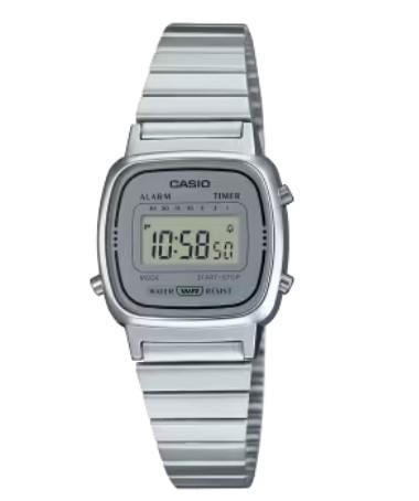 Casio Ladies Digital Vintage Classic Silver Stainless Steel Alarm Timer Watch LA670WA-7DF
