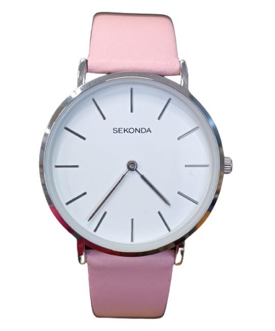 Sekonda Ladies Fashion White Dial Pink Strap Leather Watch 2687