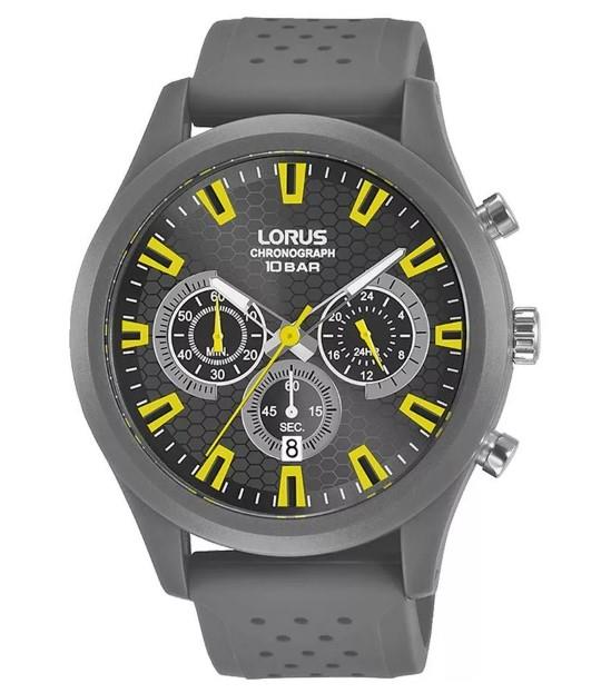 Lorus Mens Sports Chronograph Dated Grey/Yellow Dial Grey Rubber Strap Watch RT377JX9