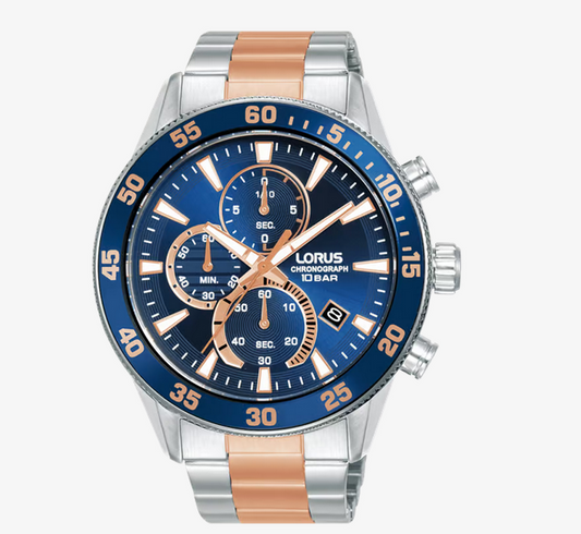 Lorus Men's 45mm Blue Dial Chronograph Two Tone Bracelet Watch