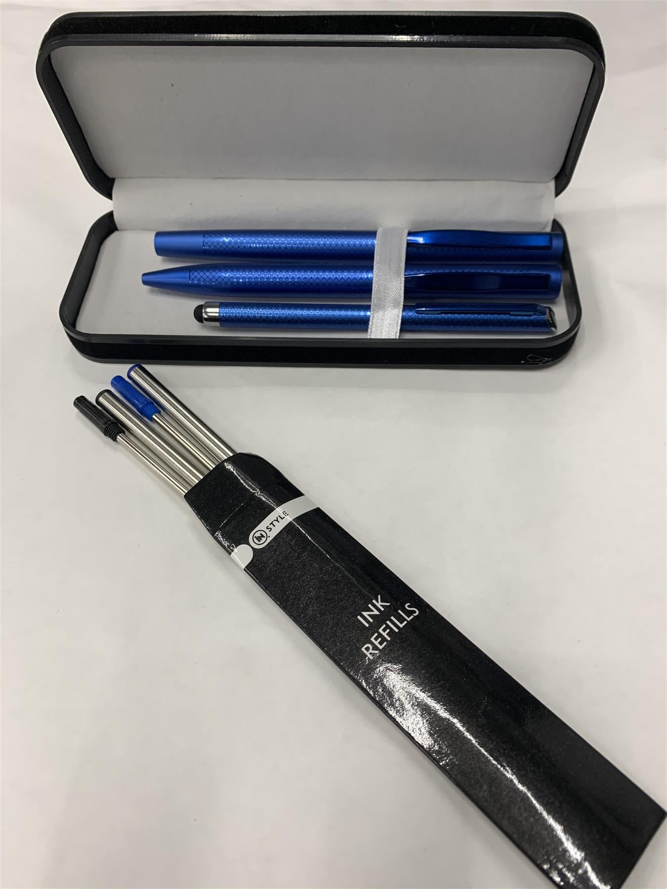 DDSL Instyle 7pc Black/Blue Ink Pen & Refills Anodized Aluminium Blue Case Pen Set Box 2799