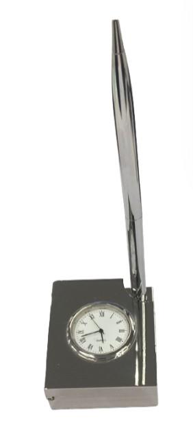 Miniature Clock Silver Plated Solid Brass Clock with Silver tone Ball Pen IMP408S - CLEARANCE NEEDS RE-BATTERY & Refill
