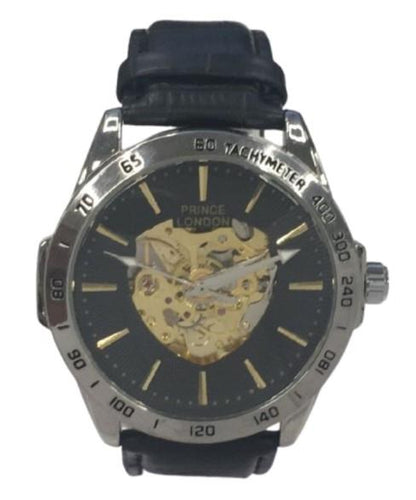 NY London Mens Automatic Dial Analogue Silver/Black Leather Strap Watch