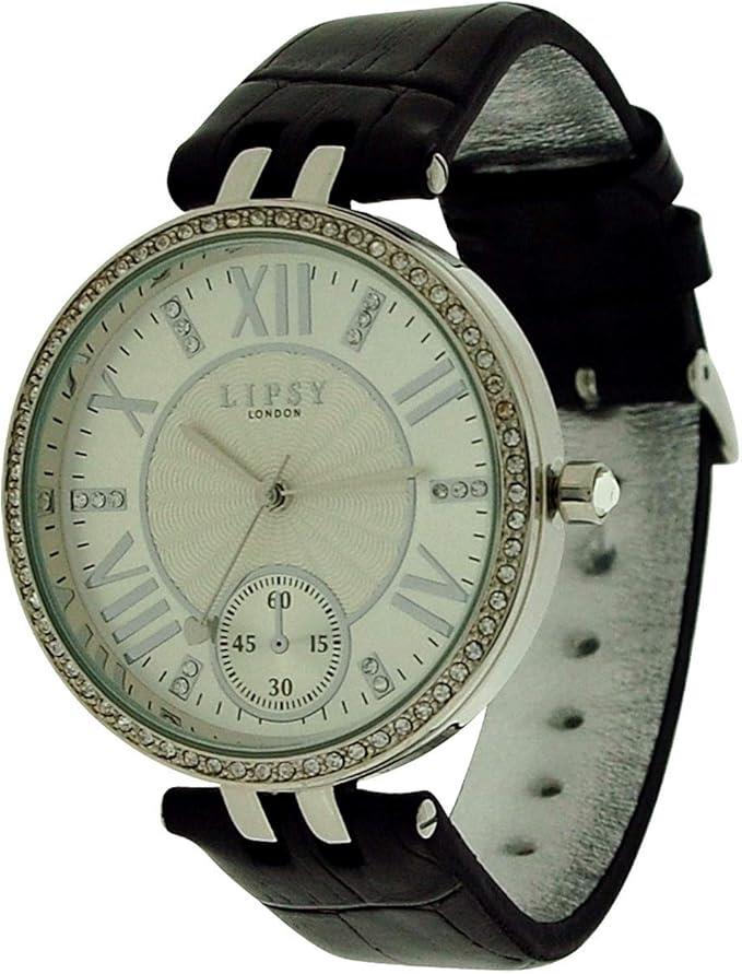 Lipsy London Ladies Bling Bezel Silver Tone Dial Black Leather Strap Watch LP293 - CLEARANCE NEEDS RE-BATTERY