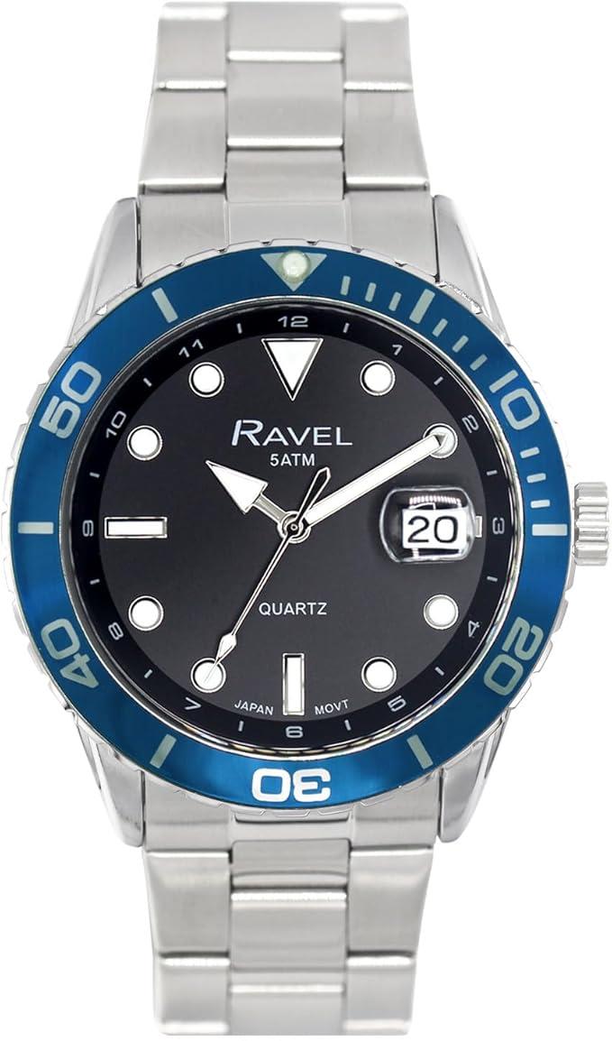 Ravel Mens Fashion Sports 42mm Round 5ATM Dated Dial Uni-Directional Bezel Silver Plated Bracelet Watch RPD-MB Available Multi Colors