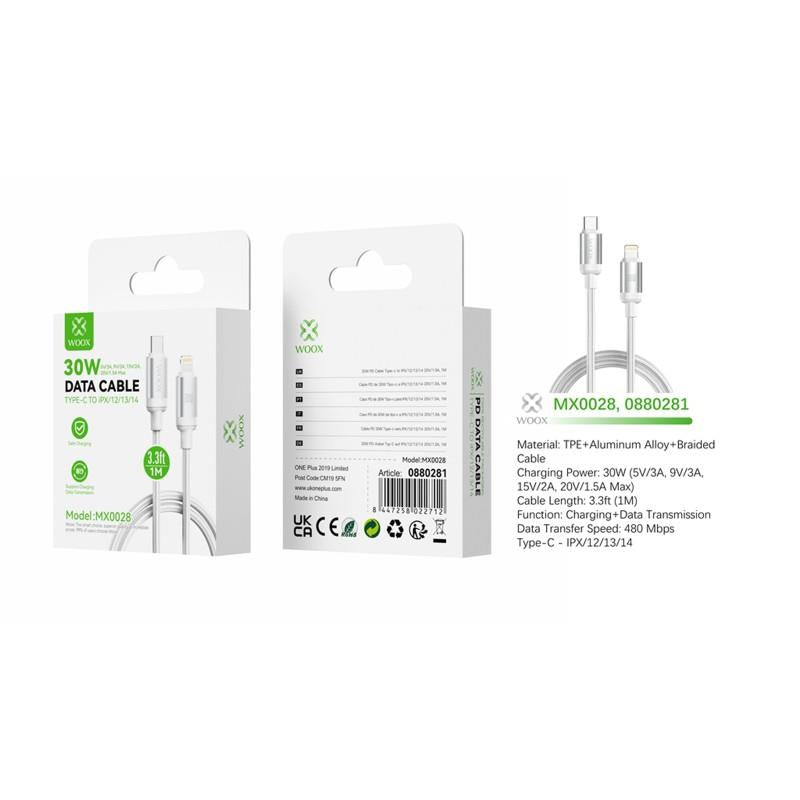 Woox Type C to Lightning Braided Data Cable, 30W - 5V/3A, 9V/3A, 15V/2A, 20V/1.5A Max, 1m/2m, White/Black