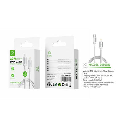 Woox Type C to Lightning Braided Data Cable, 30W - 5V/3A, 9V/3A, 15V/2A, 20V/1.5A Max, 1m/2m, White/Black