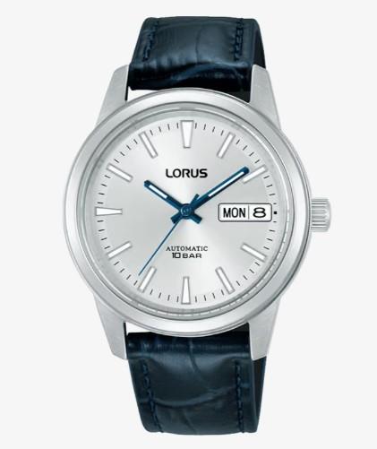 Lorus Ladies Automatic Fashion Day date Analogue Quartz Silver Sunray Dial with Blue Leather Strap Watch