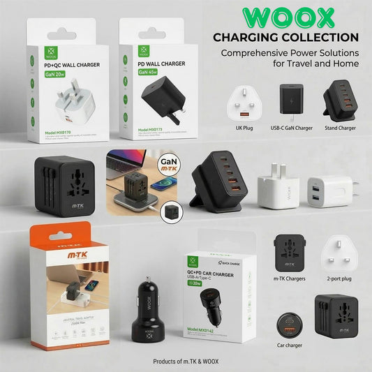 Woox UK Home Charger Type-C, USB, Lightning, Car charger with and without cable 20w