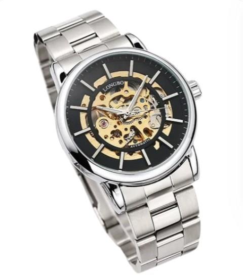 Longbo Mens Automatic Hollow mechanical Dial Analogue Black/2 Tone Metal Bracelet Strap Watch