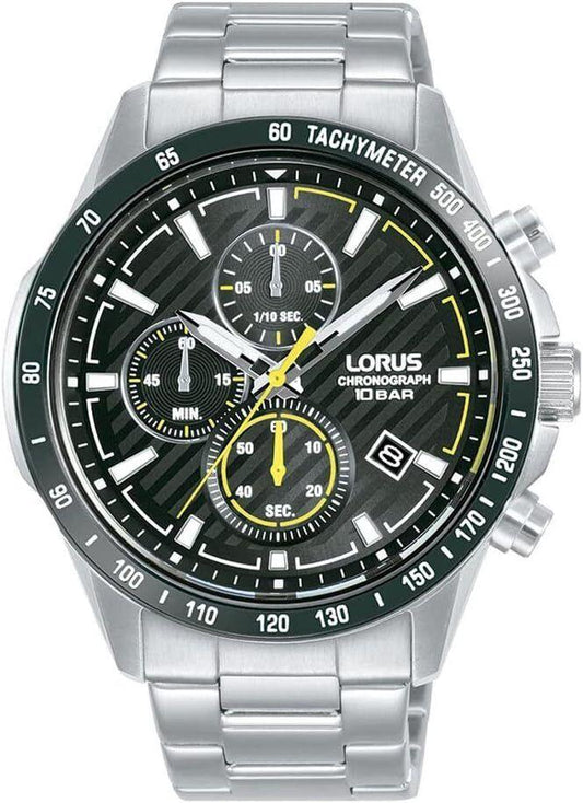 Lorus Mens Chronograph Black Sunray Dial Yellow Stainless Steel Strap Watch RM397HX9