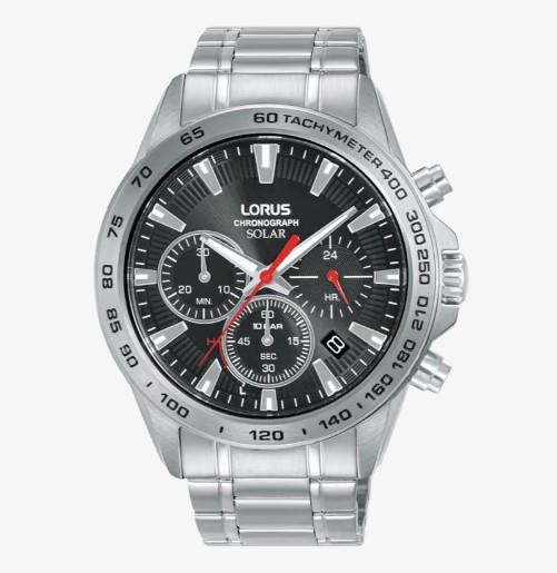 LORUS Mens Solar Chronograph Fashion Dated Black Dial Red Accents Stainless Steel Bracelet Strap Watch