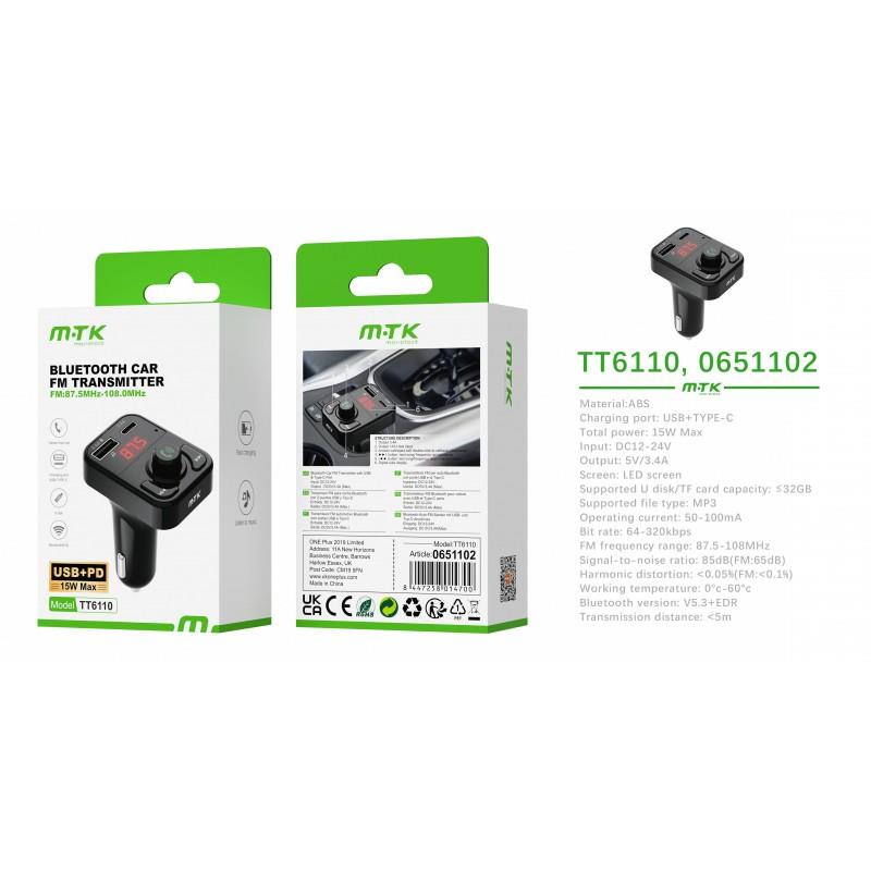 Bluetooth FM Transmitter, BT V5.3 with USB & PD 3.1A, Black TT6110