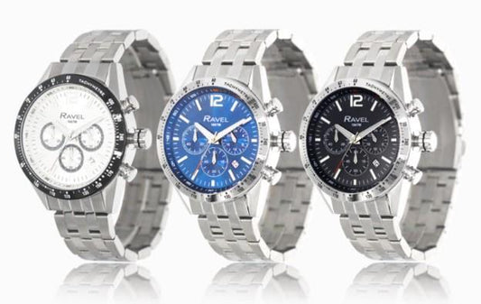 Ravel Mens Fashion 100m Water Resistant Chronograph Dated Dial Silver Plated Bracelet Watch RPR-MB Available Multi Colors