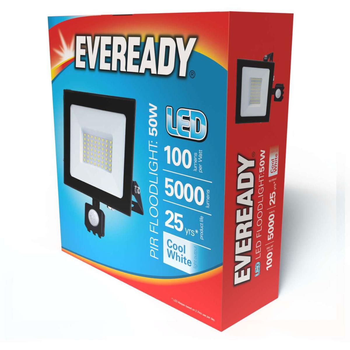 Eveready 50W IP44 LED PIR Floodlight - 5,000 Lumen - 4,000K (Cool White)