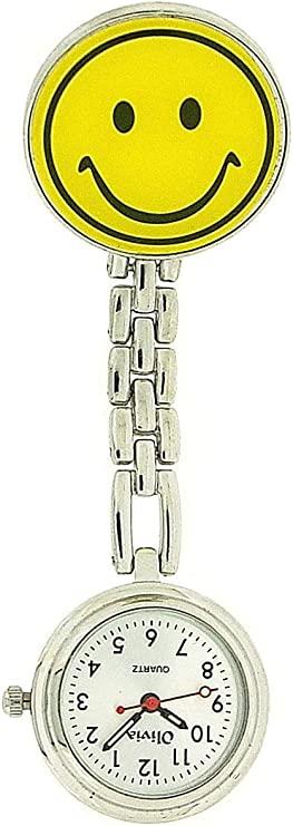 The Olivia Silver Metal Nurses Mens Ladies Clip-On FOB Watch With Yellow Smiley Face TOC56