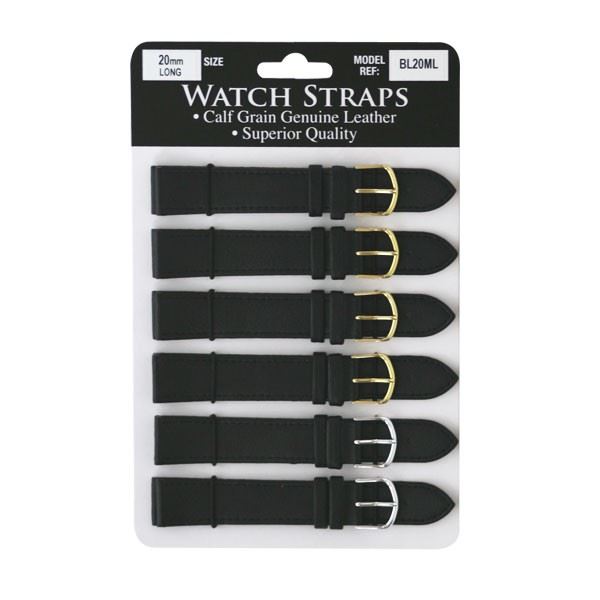 BLML Regular Black Leather Straps LONG card of 6 Available Size 12mm To 24mm