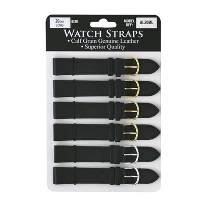 BLML Regular Black Leather Straps LONG card of 6 Available Size 12mm To 24mm