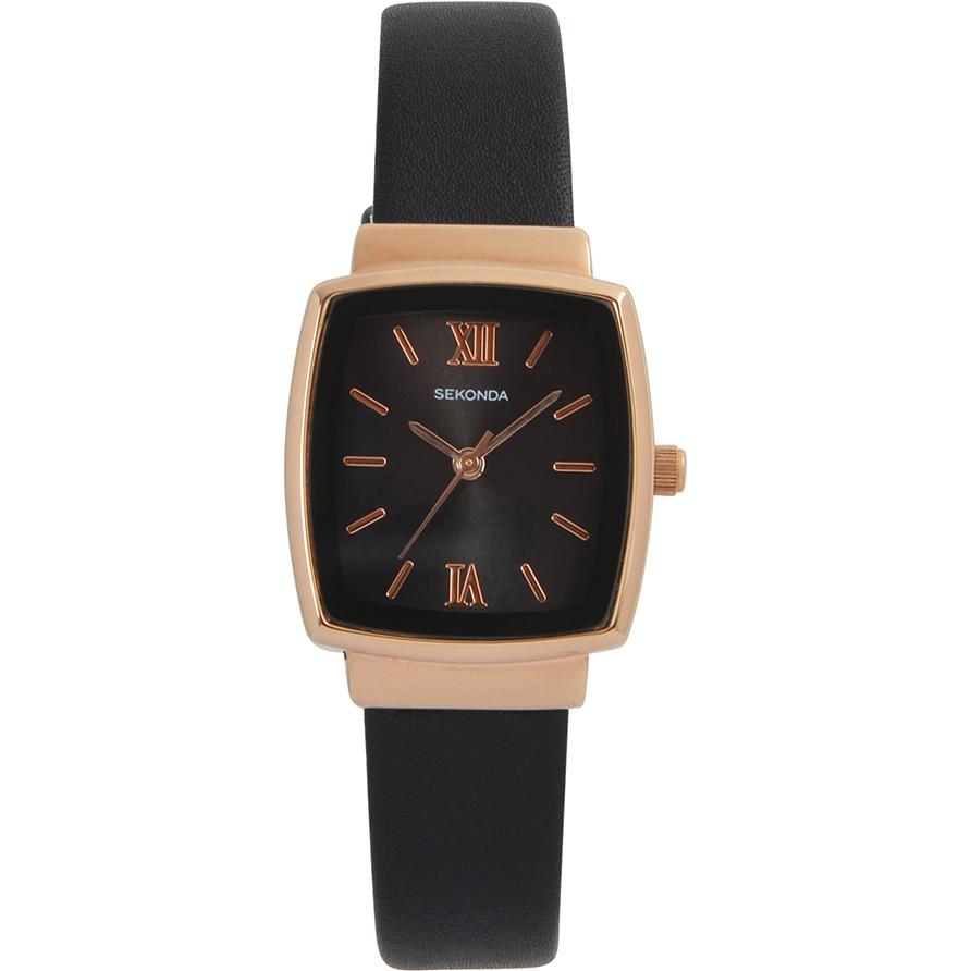 Sekonda Ladies Gold Rectangle Black Dial with Black Leather Strap Watch 40019