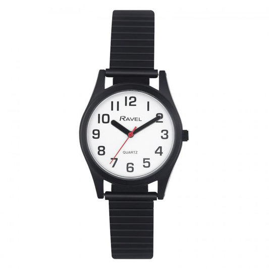 Ravel Ladies Basic Bold Easy Read Expander Bracelet Watch White/Black R0225