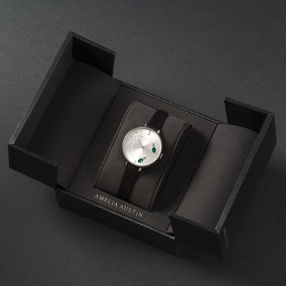 Amelia Austin Ladies Spider Black Leather Strap Green Stone Set Etched Dial Watch AA2005