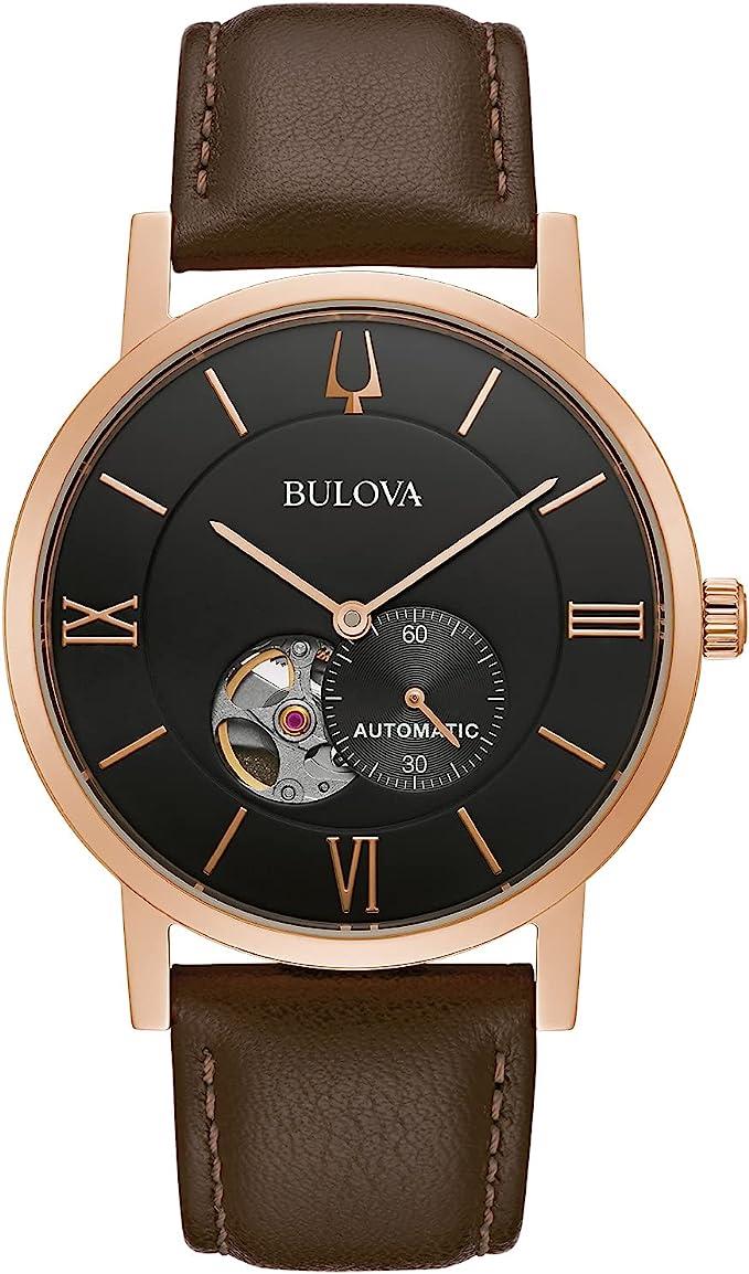 Bulova Mens American Clipper Automatic Leather Strap Watch 97A155